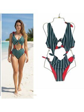 👙Rye Women's One Piece Swim Suit Bikini Sz M Striped Green White Red Bow & Tie